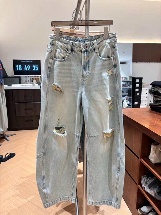 夏款强洗水痞帅破边破洞做旧弯刀牛仔裤