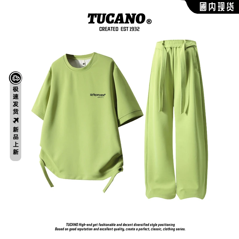 啄木鳥运动休闲情侣套装时尚百搭夏季宽松纯色短袖上衣休闲裤子男