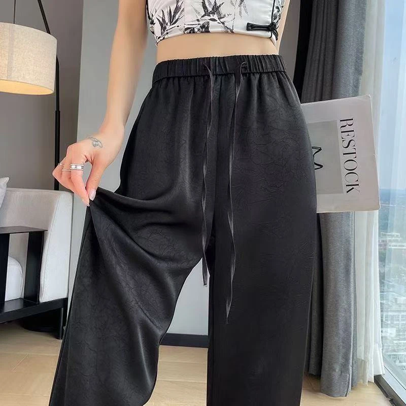 胖mm女夏季薄款高腰宽松冰丝阔腿裤大码新中式国风醋酸缎面休闲裤