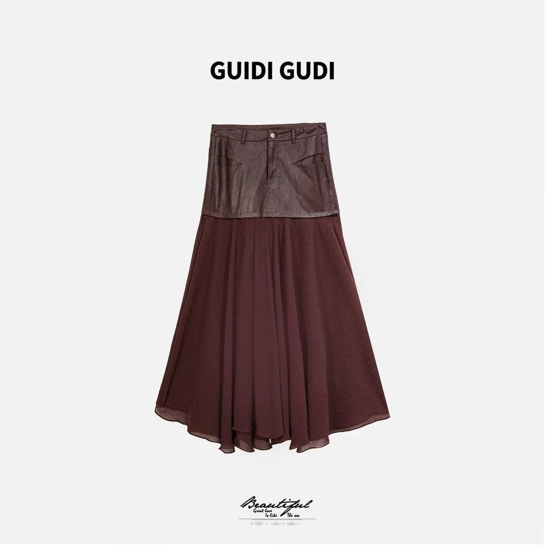 GUIDI GUDI【红色路径】气质重工拼接皮纱纱半裙/黄加蓝