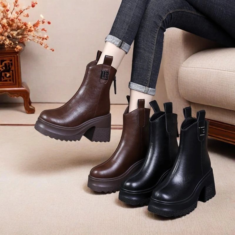 迏芙尼真软皮高跟短靴女2025秋冬加绒小个子短筒英伦风粗跟马丁靴