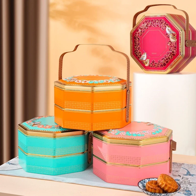 新款2025中秋手提双层铁盒月饼盒定制空盒中秋高档马口铁礼盒