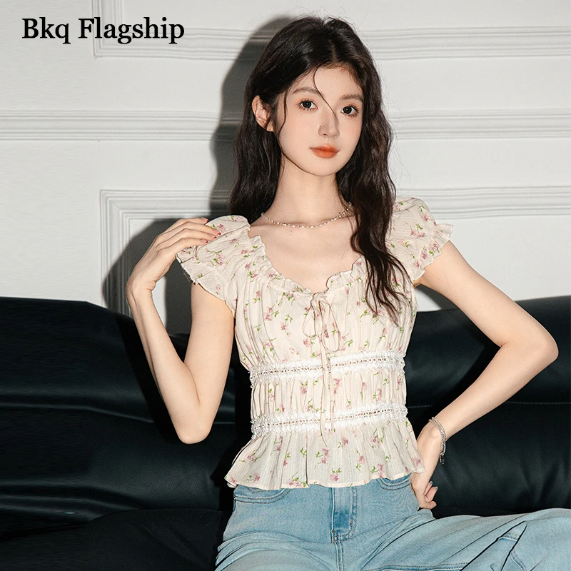 2025夏季新款法式碎花泡泡袖短袖雪纺衬衫女纯欲修身短款衬衣上衣