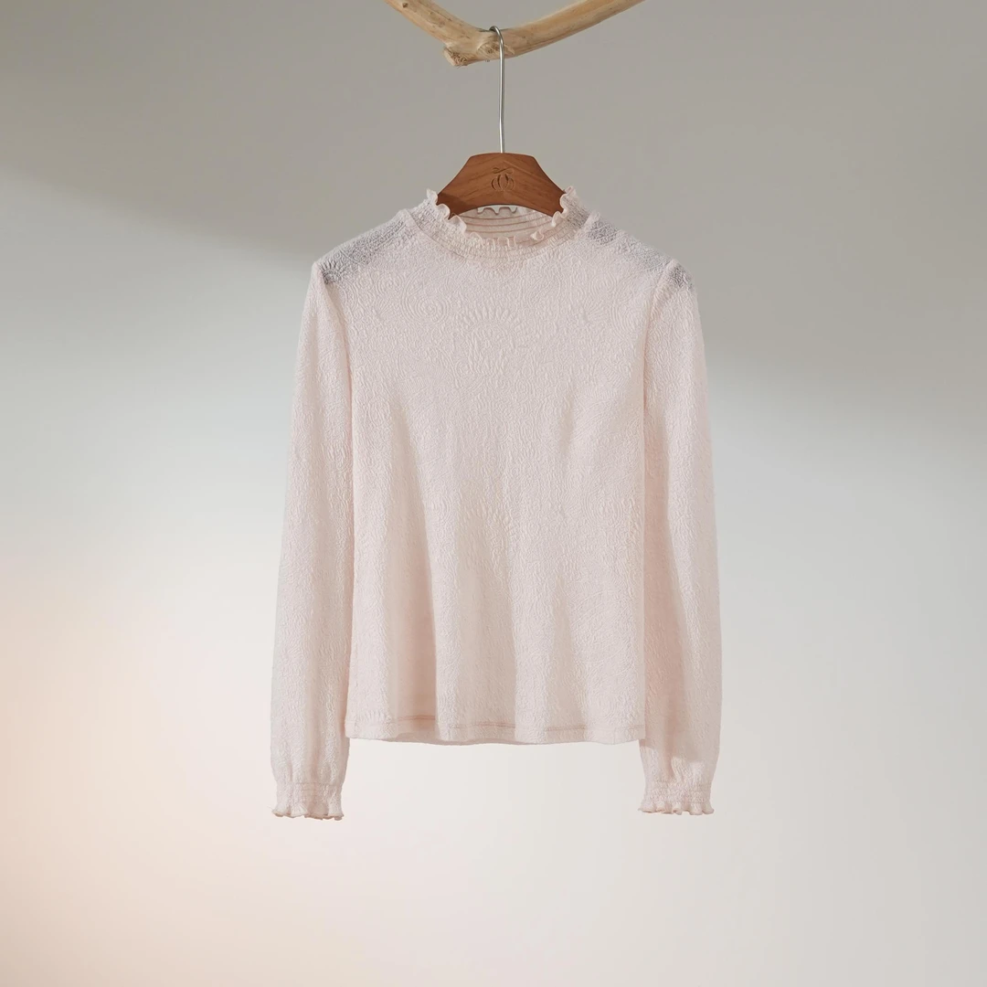 西子/【沁粉佳人】气质减龄羊毛提花木耳边藕荷粉上衣/SYHY033