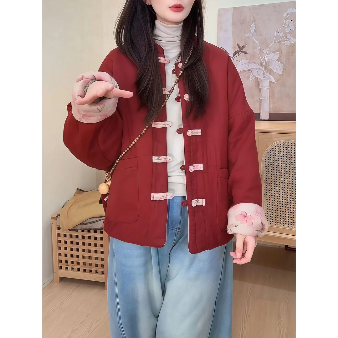 中国风印花双面穿棉服女冬季新款宽松加厚保暖盘扣棉衣外套小棉袄