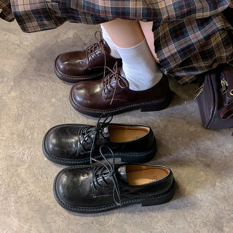 辰光拾锦手工女鞋丨圆头英伦风单鞋系带3.5cm真皮学院风jk制服