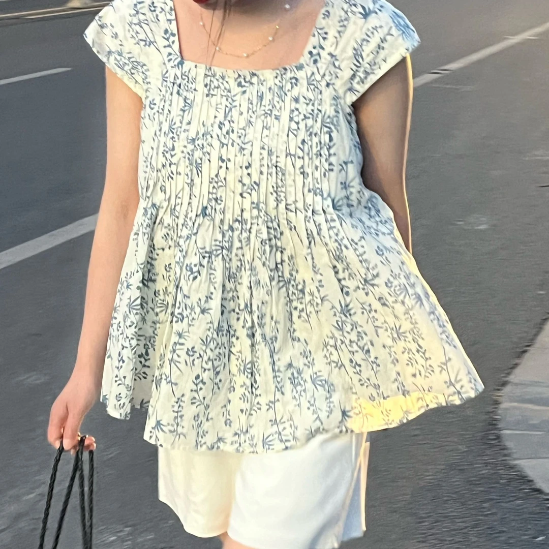 【原歌2】夏季新款重工层叠捏褶印花背心上衣YG657