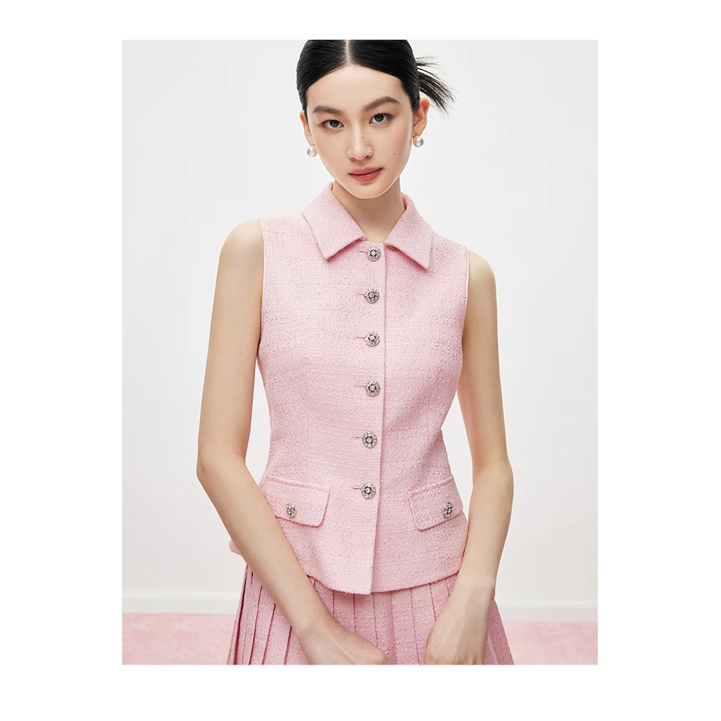 MandyZhang法式粉色小香风背心马甲女春季气质无袖短款小上衣