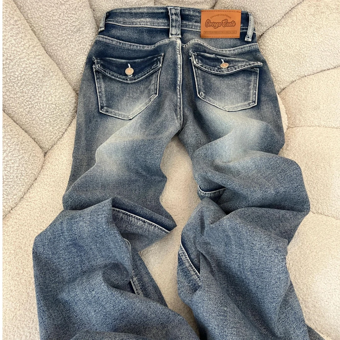 2025秋季新款美式设计感修身辣妹马蹄长裤水洗低腰微喇叭牛仔裤女