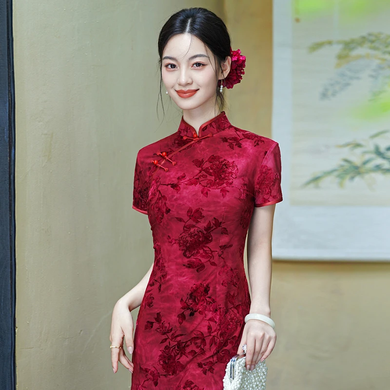 喜婆婆婚宴装2025新款妈妈礼服平时可穿旗袍改良红色复古连衣裙夏