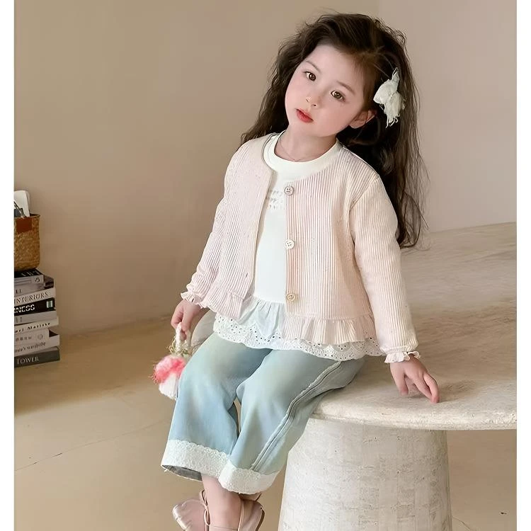 女童春秋款2025秋季时尚针织开衫洋气花边牛仔裤可爱小公主三件套