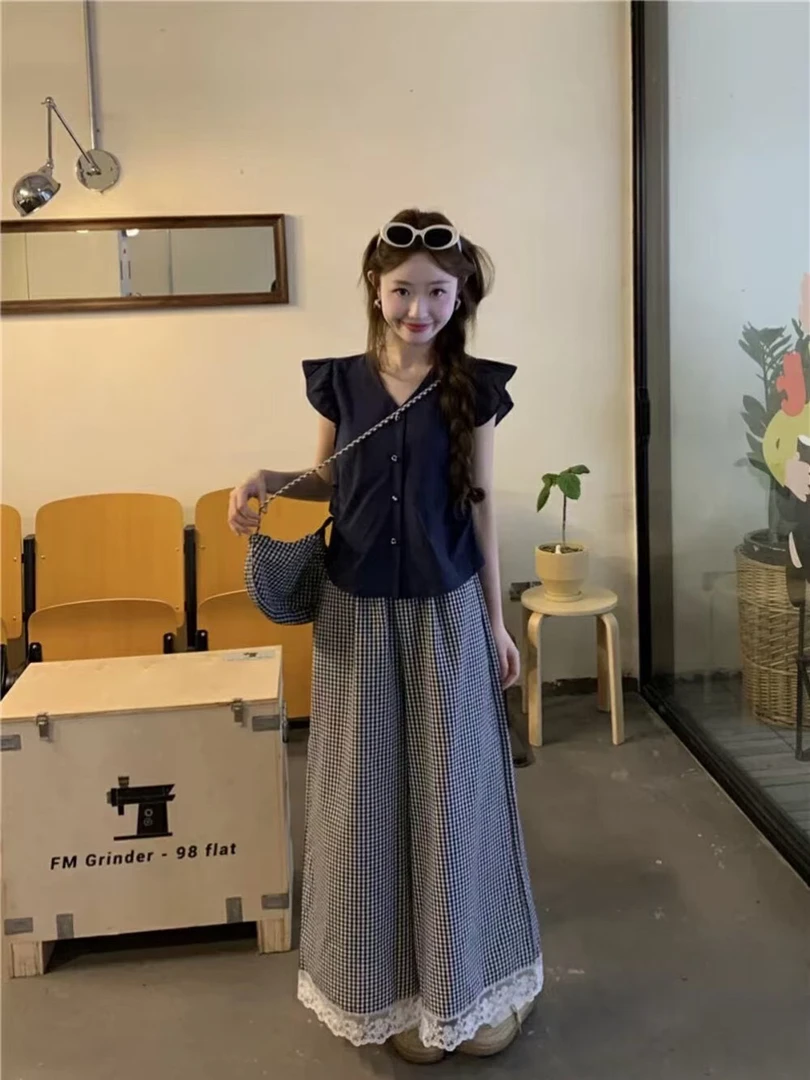 潼潼家【格子精灵】夏季大码时尚显瘦遮肉百搭韩系格子裤衬衫套装