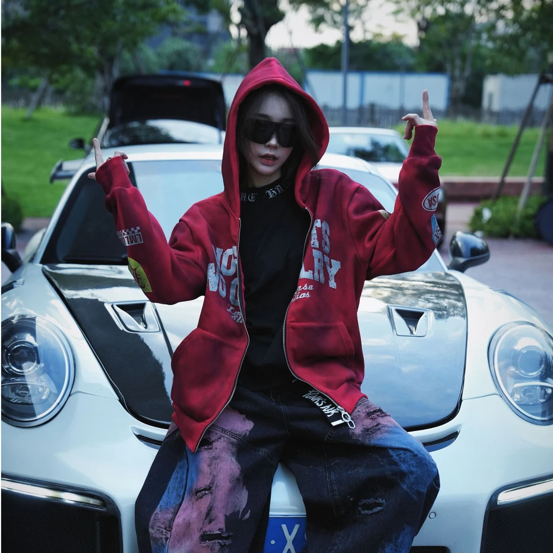 美式街头加绒字母印花卫衣外套男女潮牌设计感连帽开衫2025WY099