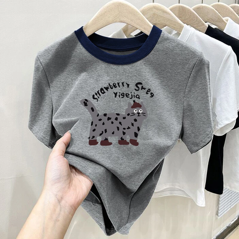 2025新款正肩纯棉短袖t恤女ins休闲百搭插色洋气撞色灰色上衣夏季