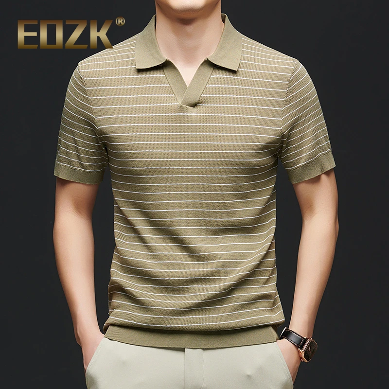 Eozk针织条纹短袖T恤男夏季2025新款海鸥翻领Polo衫休闲半袖体恤