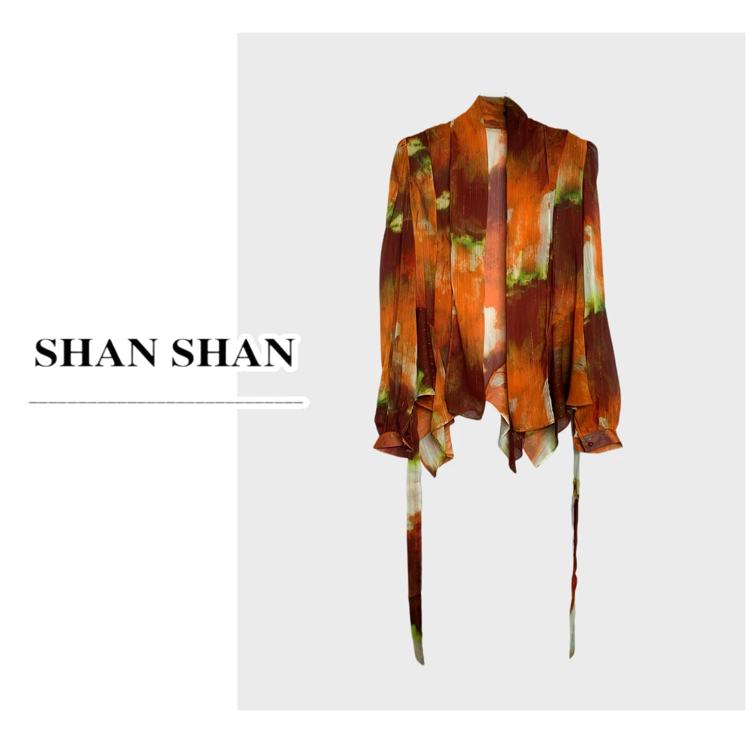 SS姗姗 时尚气质设计师款百搭晕染金丝系带开衫衬衫 50775196-548