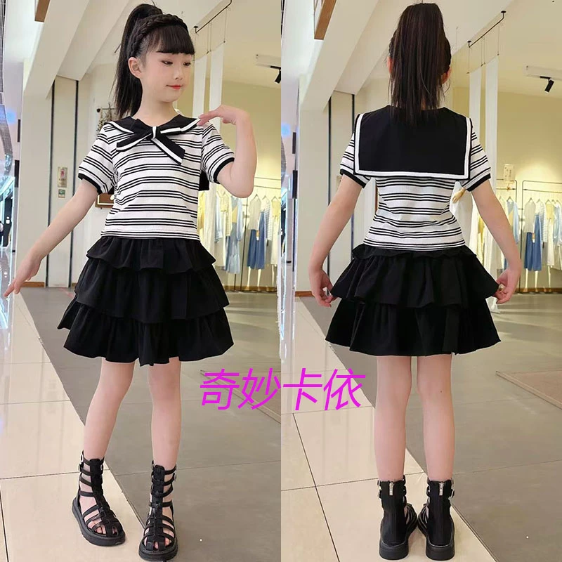 女童海军领套裙2025年夏季中大童洋气时尚学院风条纹女童运动套装
