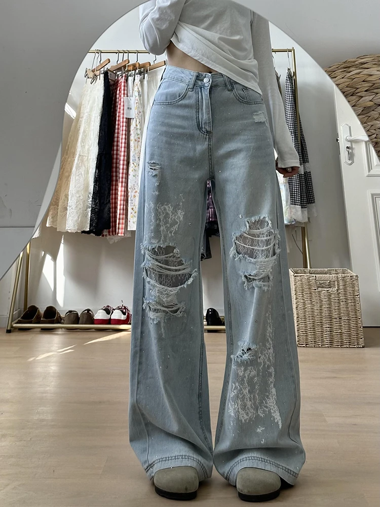 大码美式复古蕾丝拼接破洞烫钻牛仔裤女夏季设计感宽松显瘦直筒裤