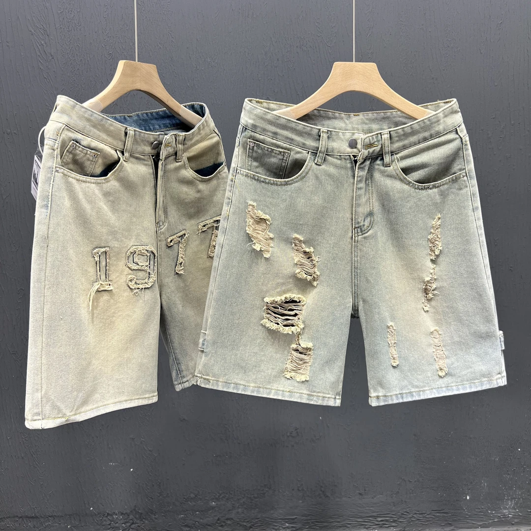 美式复古水洗黄泥破洞牛仔短裤男夏季拉链设计直筒宽松阔腿五分裤