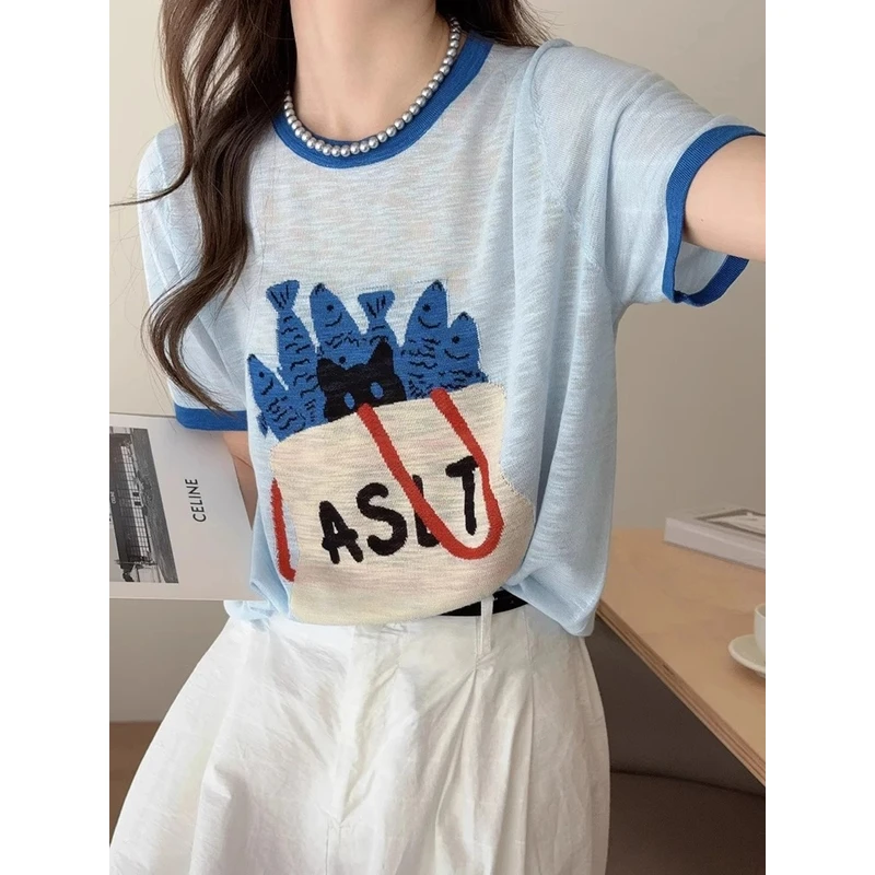 竹节麻蓝色卡通薄款冰丝短袖T恤韩系超好看独特漂亮上衣2025夏季