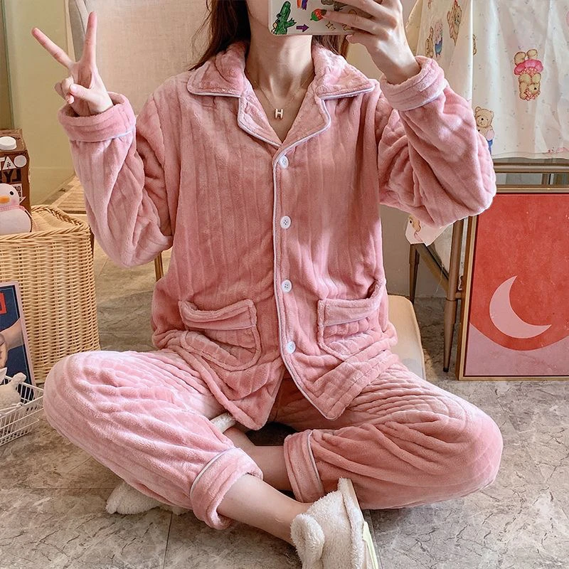 140-158小个子珊瑚绒秋冬保暖长袖长裤法兰绒家居服