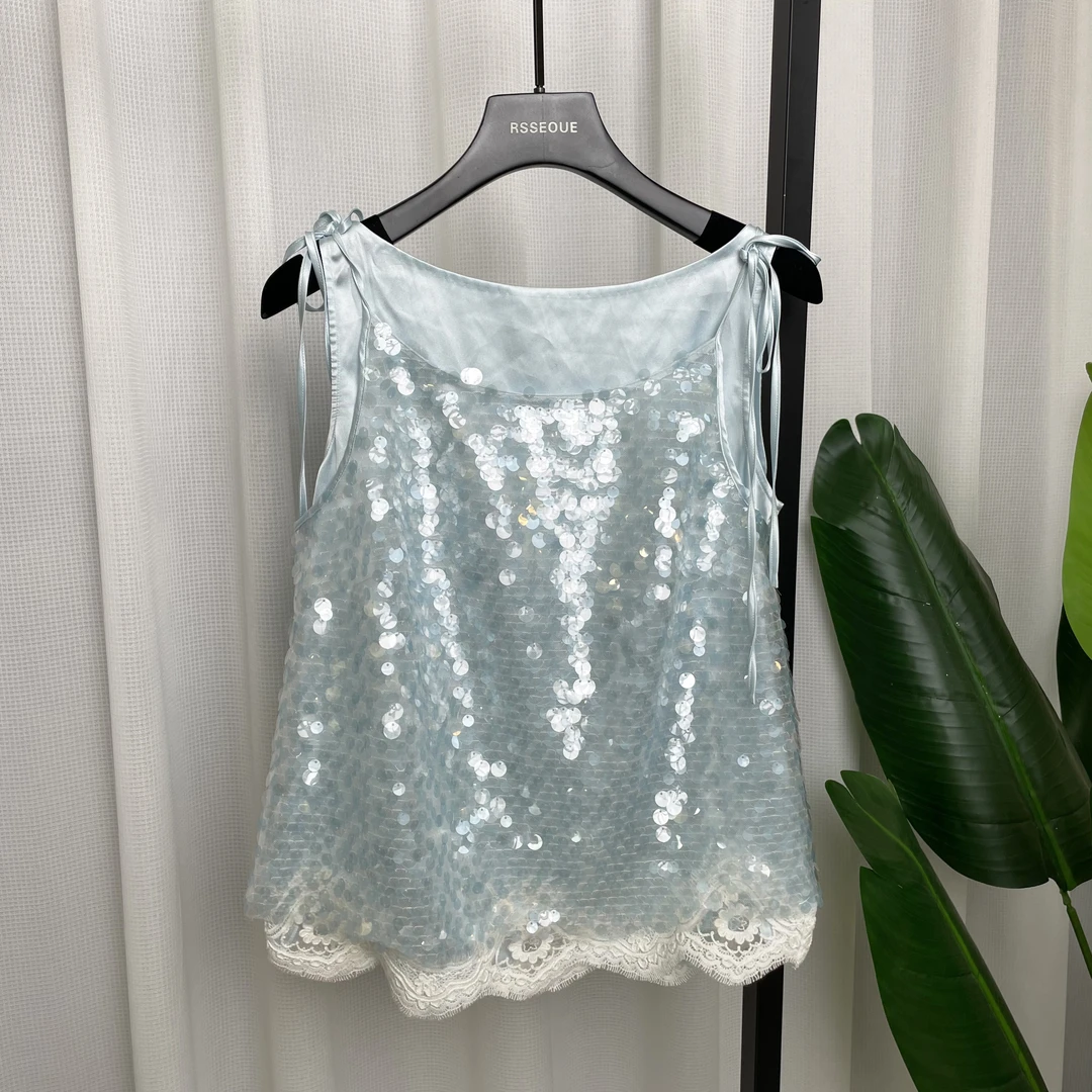 2025夏季新款淡人蓝色时尚气质花边圆领重工亮片百搭吊带背心