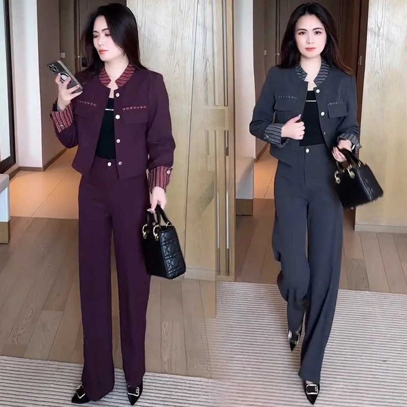 时尚套装女士2025秋季新款时髦减龄显瘦长袖短款外套阔腿裤两件套