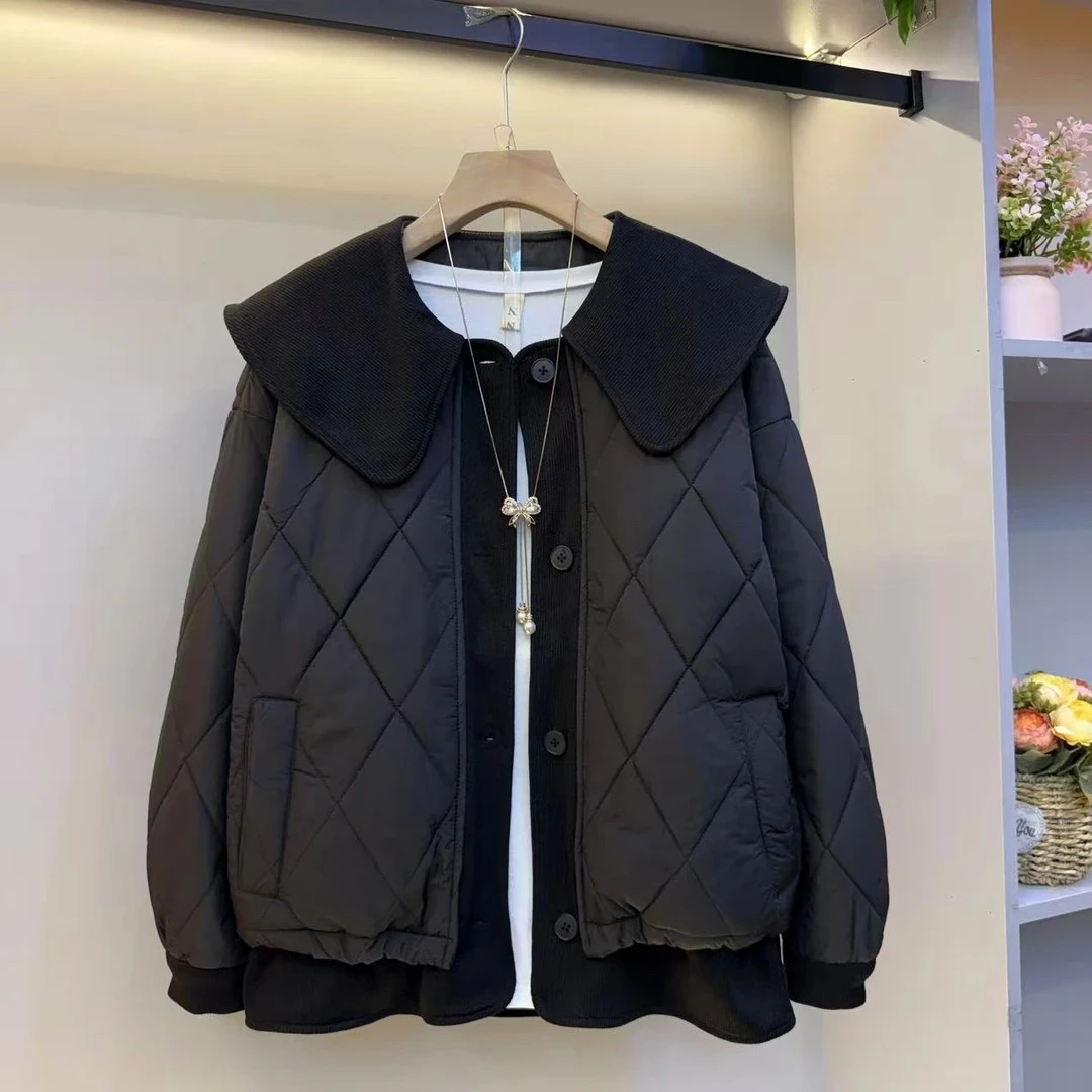 秋冬新款显瘦娃娃领长袖夹棉棉服外套休闲百搭女装