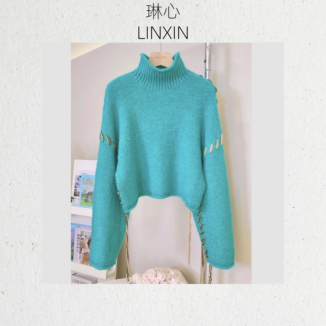 丨秋季气质宽松蓝色半高领长袖套头针织衫 9259