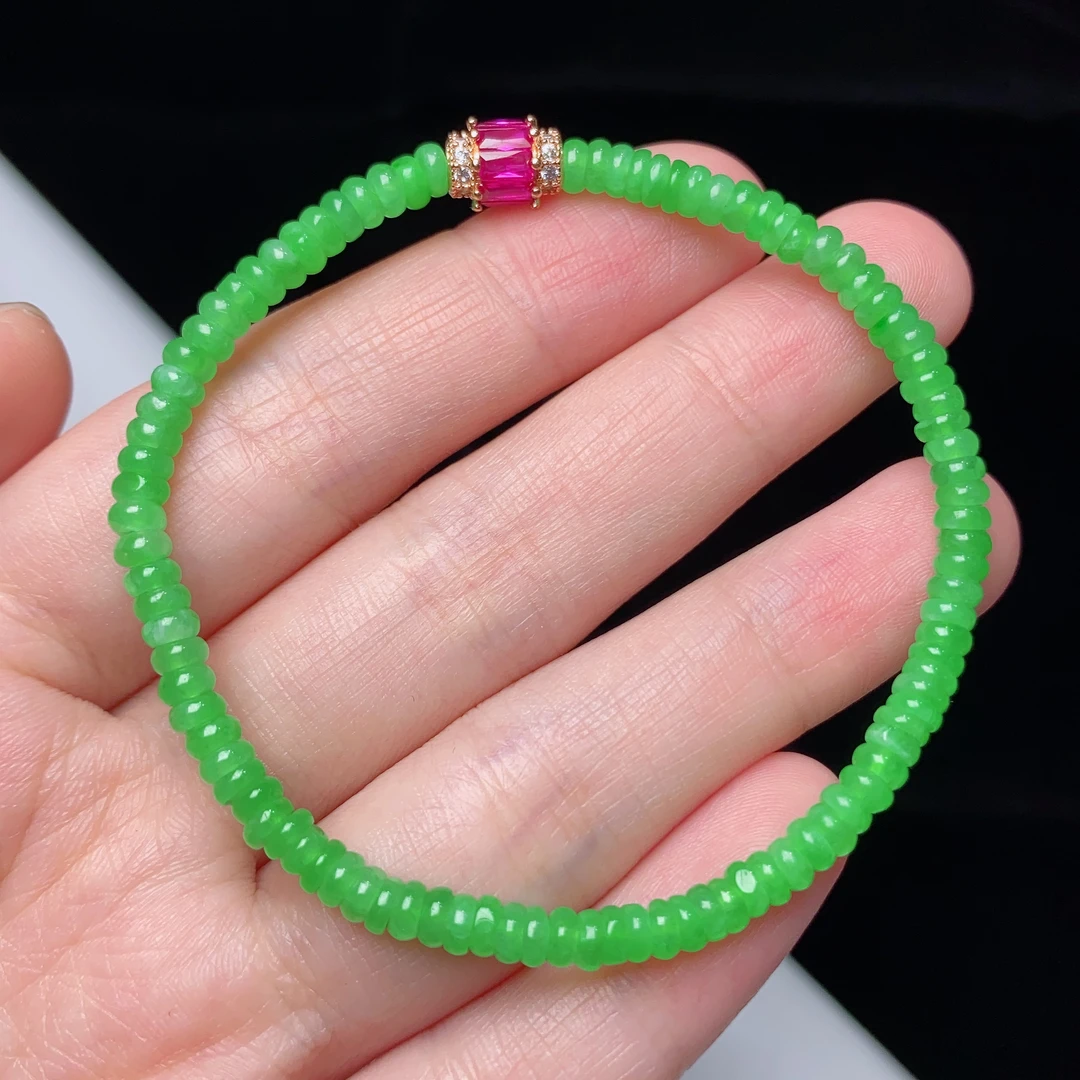 缅甸天然翡翠A货冰种阳绿算盘珠手链卡4mm玉手串小米珠素款精美