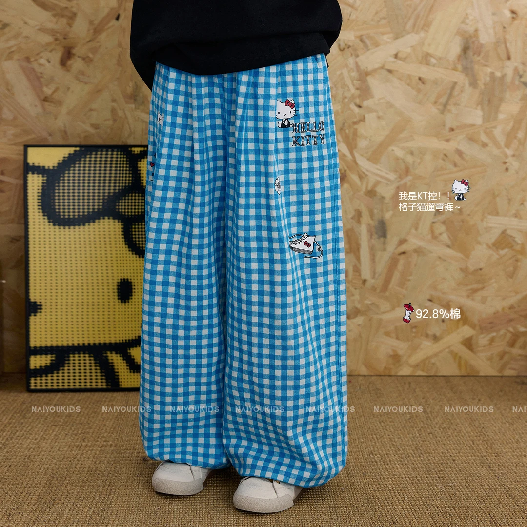 【蓝猫】女童格子裤2025秋季可爱休闲中大童凯蒂猫直筒裤K2596