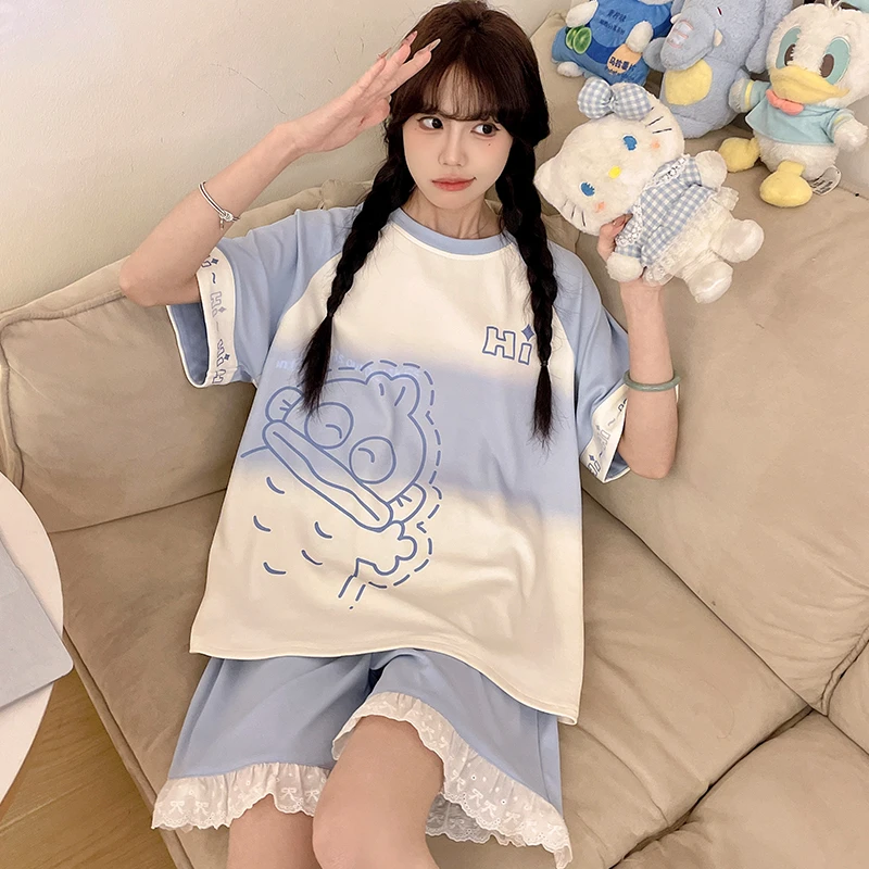 夏季睡衣女士纯棉短袖薄款可爱公主卡通加大码胖mm家居服夏天套装