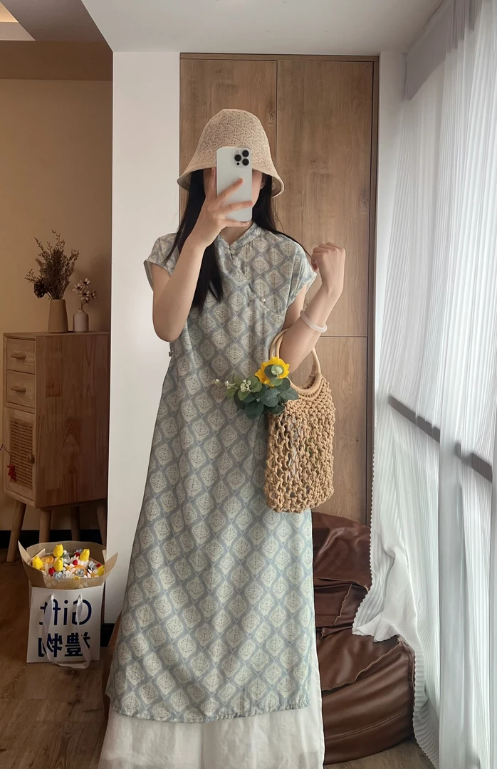 复古旗袍葫芦扣短袖A字裙古风低领日常气质印花