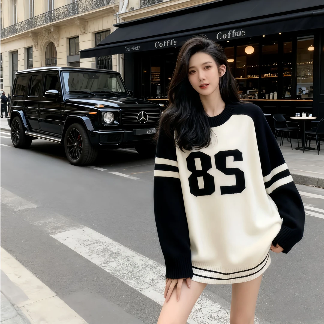 网红洋气纯欲慵懒风条纹卫衣女秋冬韩版时尚百搭撞色圆领休闲上衣