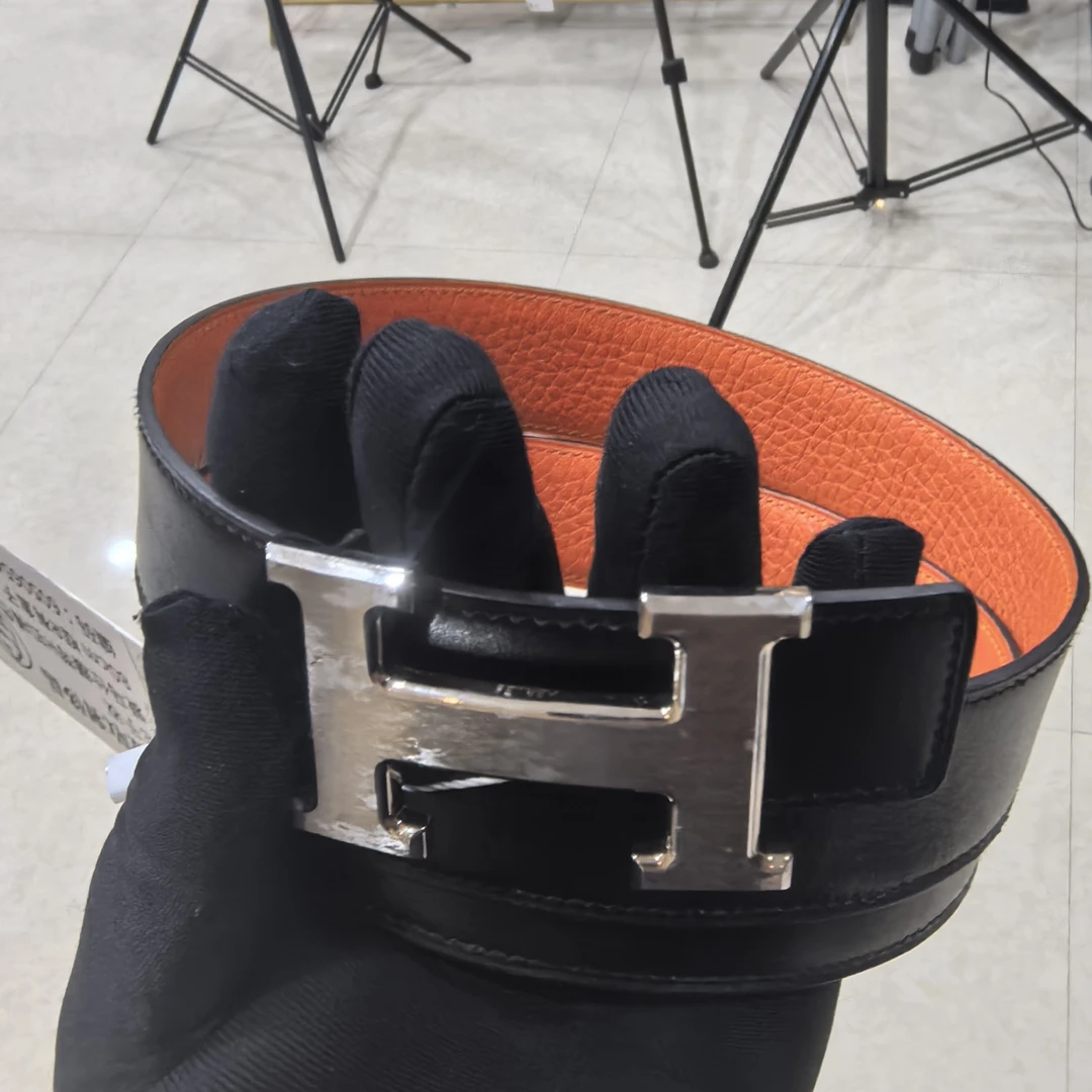 95新 Hermes/爱马仕 爱马仕h扣腰带黑拼爱马仕橙R刻80