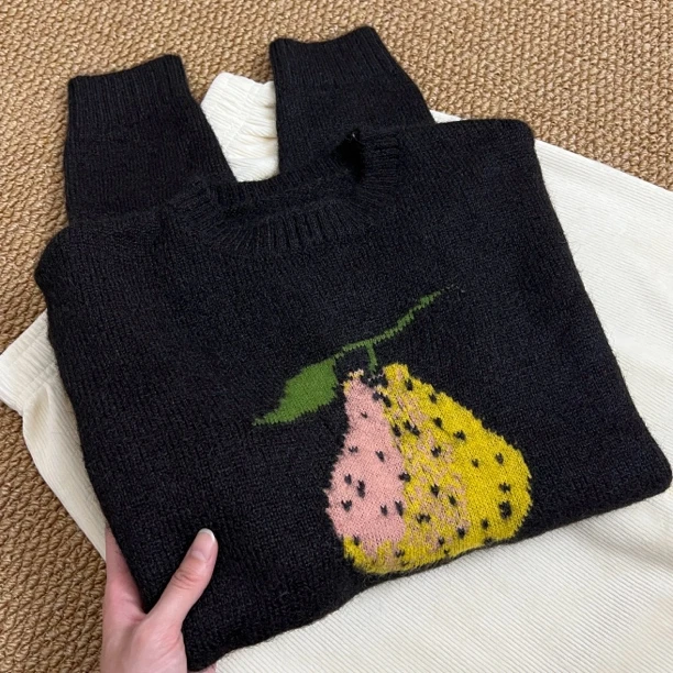 【梨】秋冬长袖毛衣圆领套头针织衫加厚宽松提花时尚卡通韩系通勤风