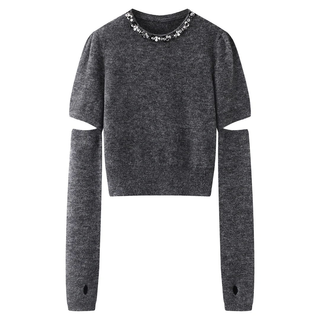 春季新款圆领设计感针织衫女休闲百搭长袖上衣4154打底