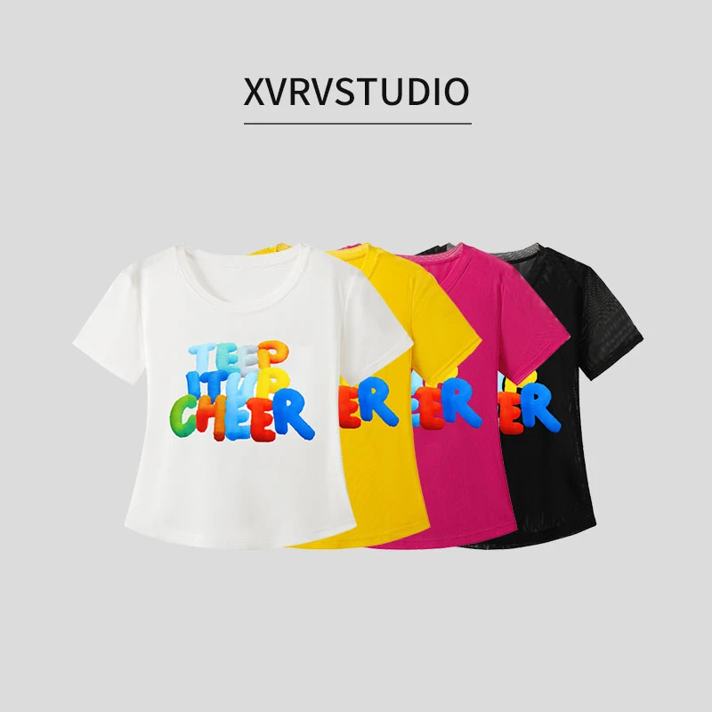 XVRV夏季2025新款圆领短袖女彩色数码印花网纱可爱风休闲运动T恤