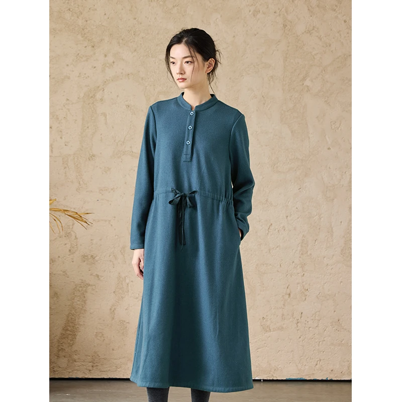 Q.TU冬季连衣裙微弹羊毛棉针织毛呢4372抽绳收腰立领长袖秋冬新款