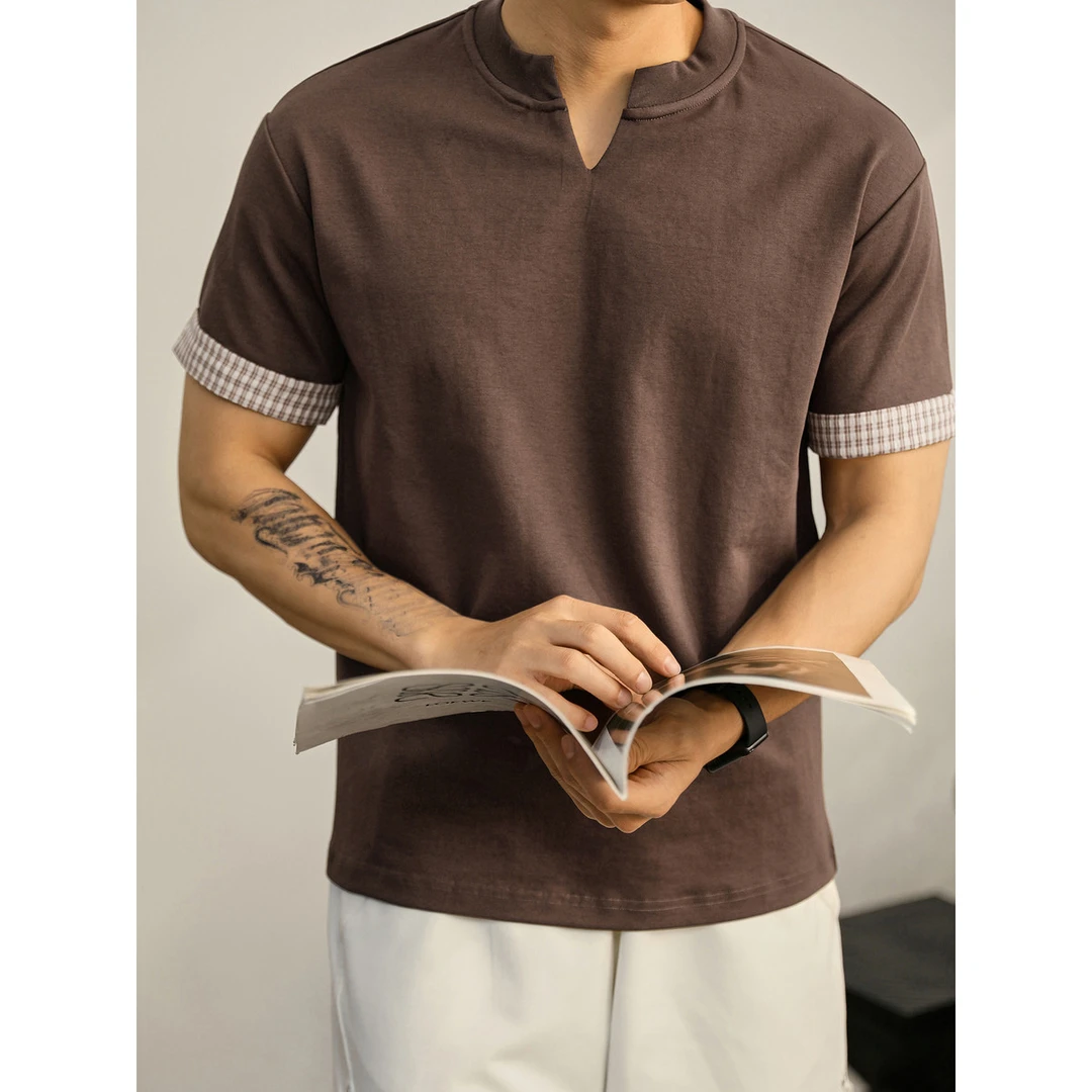 奥兰德保罗美拉德色系拼接假两件V领短袖男士雅奢高级感宽松体恤