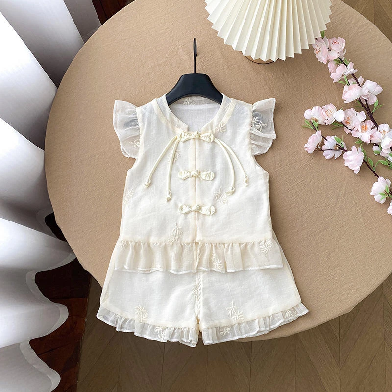夏季女套装女童纯色衬衫两件套女童童装婴儿裙子