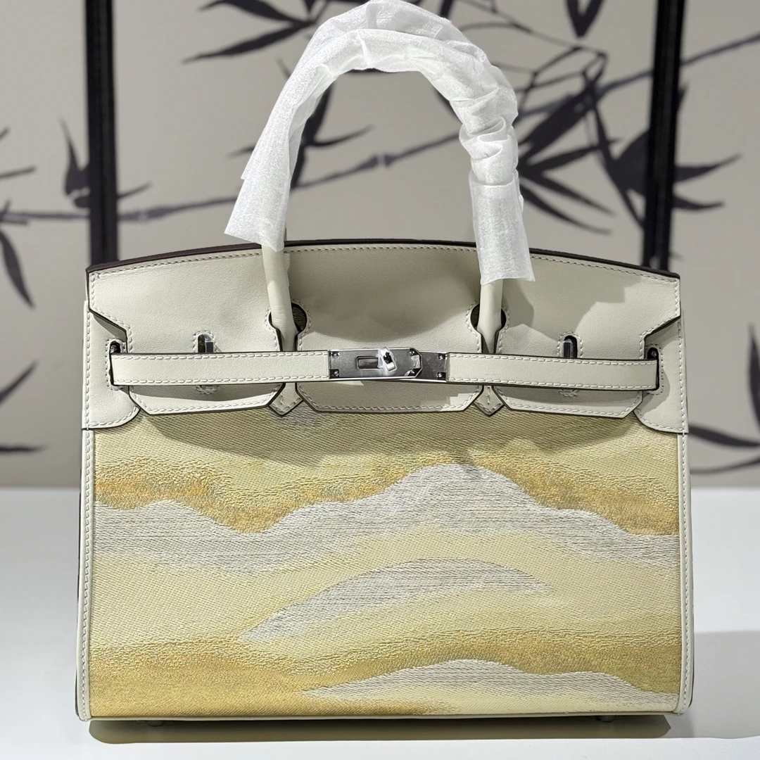 西阵织唐锦手工包奶昔白色大铂金包时尚小众真皮女包大容量手提包