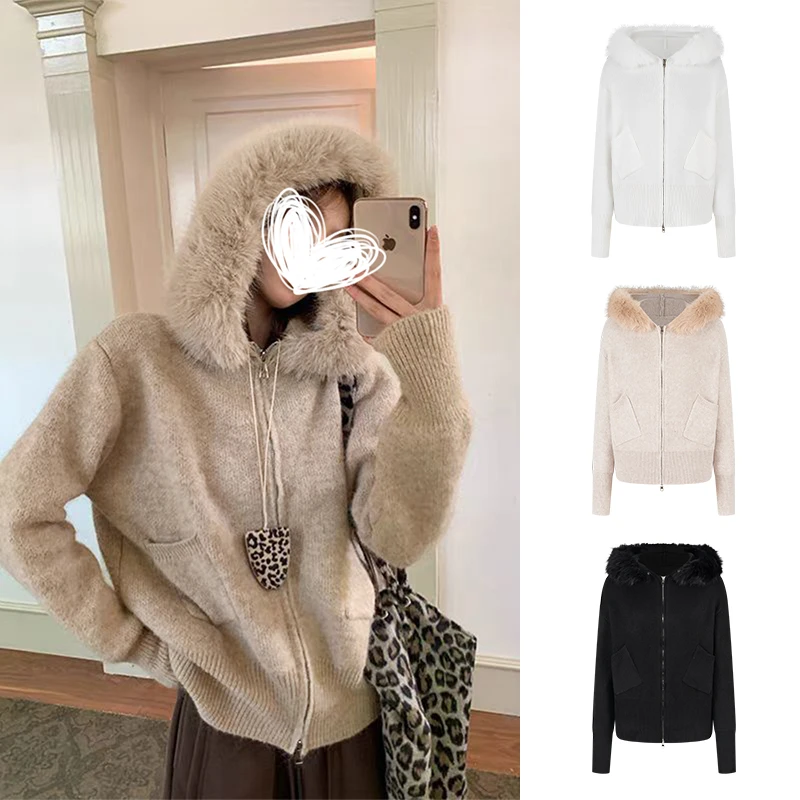 Moses Queen/魔西女王毛领宽松连帽针织开衫女秋冬双拉链毛衣外套