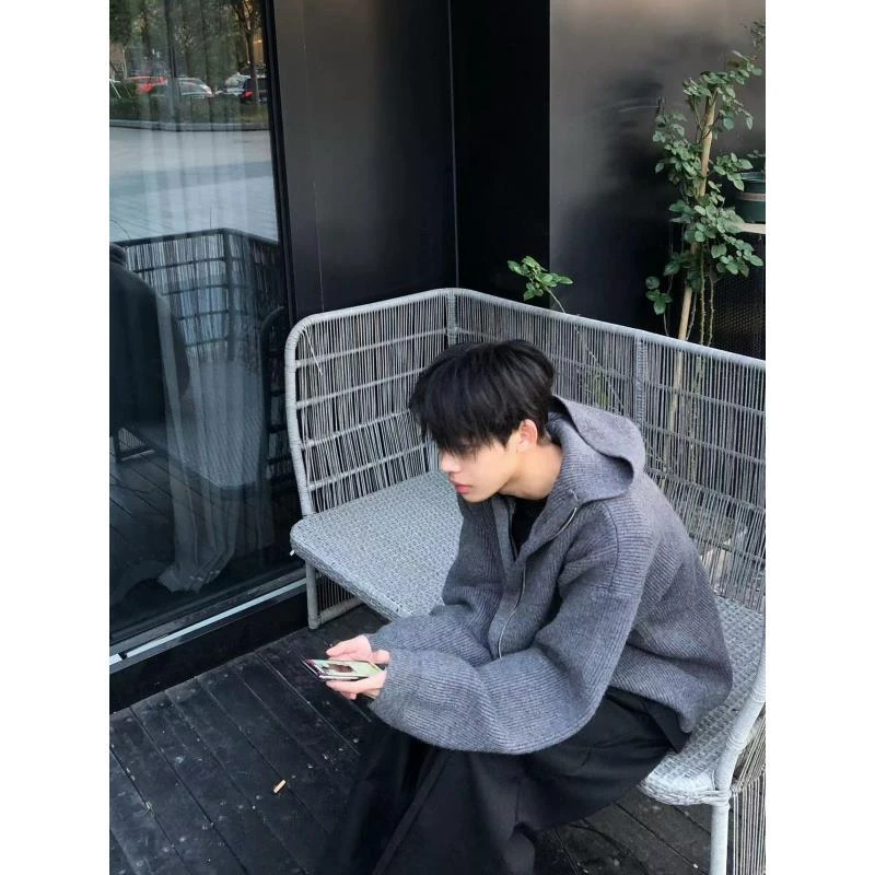 U80 复古灰拉链高领毛衣连帽开衫cleanfit慵懒风休闲欧美针织衫