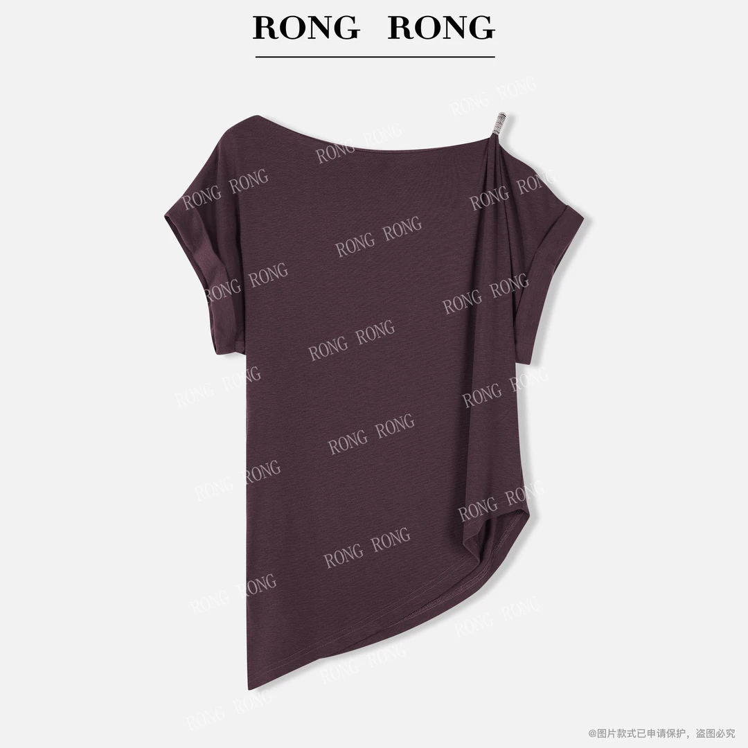 溶溶【雾紫星夏】RONGRONG 莱赛尔一字肩斜下摆短袖上衣ZGC6J1612