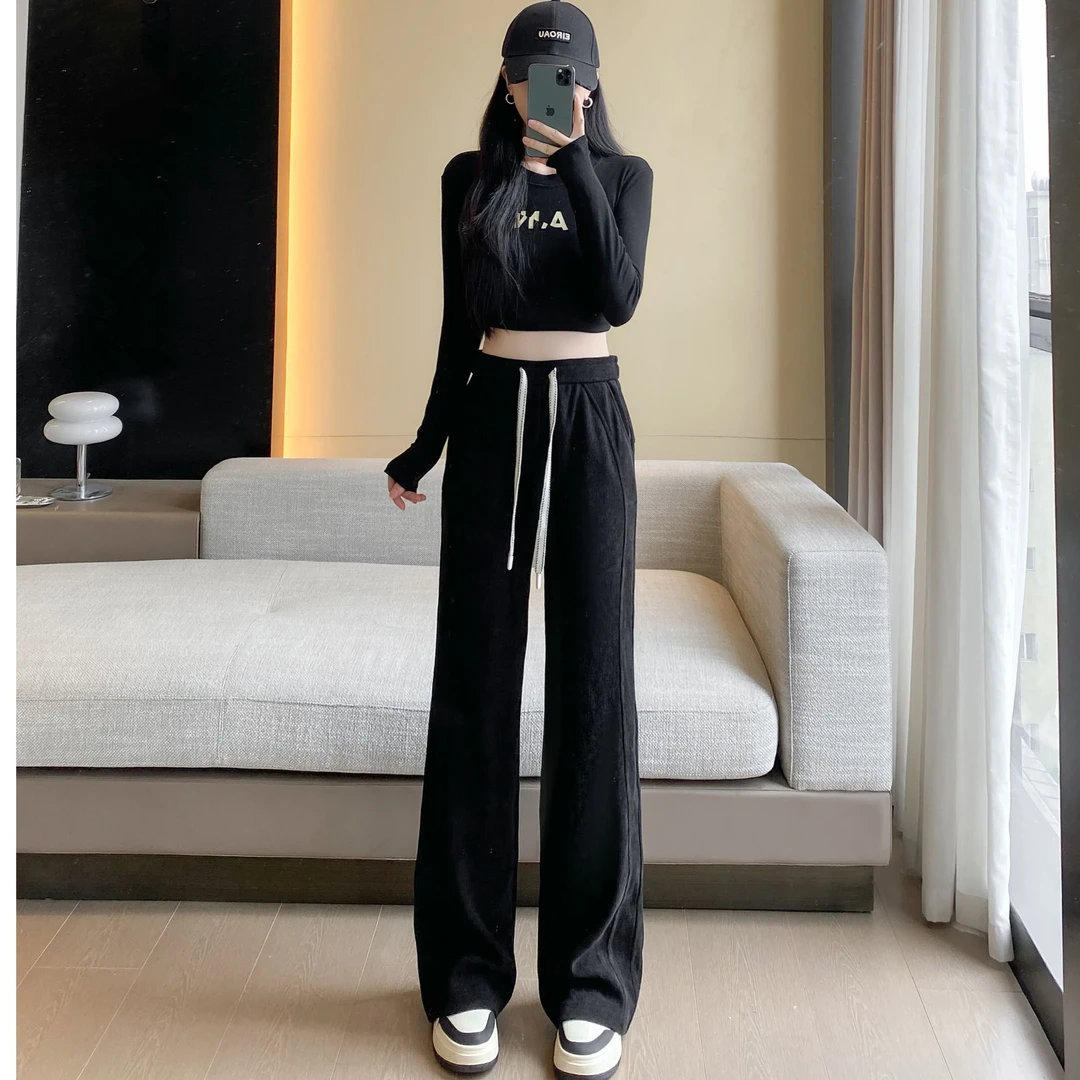 7785喇叭裤休闲秋季加绒长裤垂感雪尼尔春夏秋小个子显瘦阔腿裤