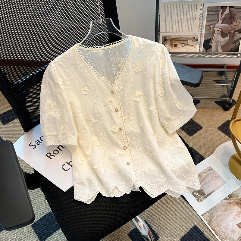 La Chapelle/拉夏贝尔花边夏季短袖衫女2025新款法式立体花朵上衣