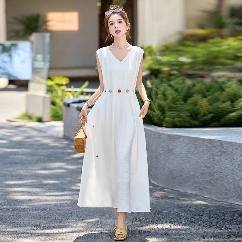 无袖连衣裙女夏季2025年新款长款过膝宽松时尚高级感收腰显瘦裙子