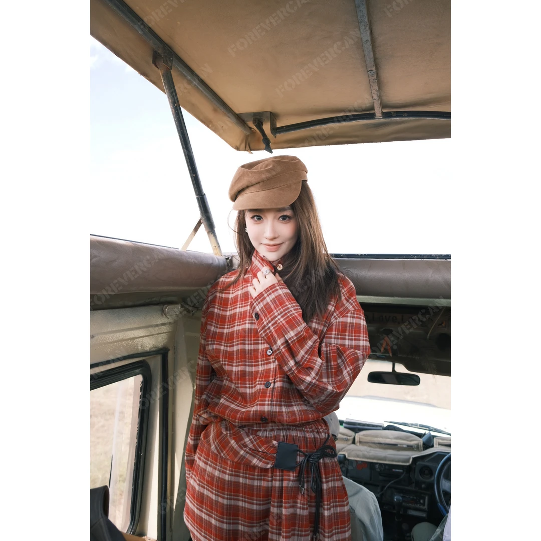 FOREVERCAN“时髦骨架”美式复古红格半高领百搭长袖衬衫ST23733