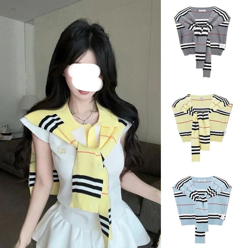 Moses Queen/魔西女王韩版撞色针织条纹小披肩春夏薄款外搭坎肩